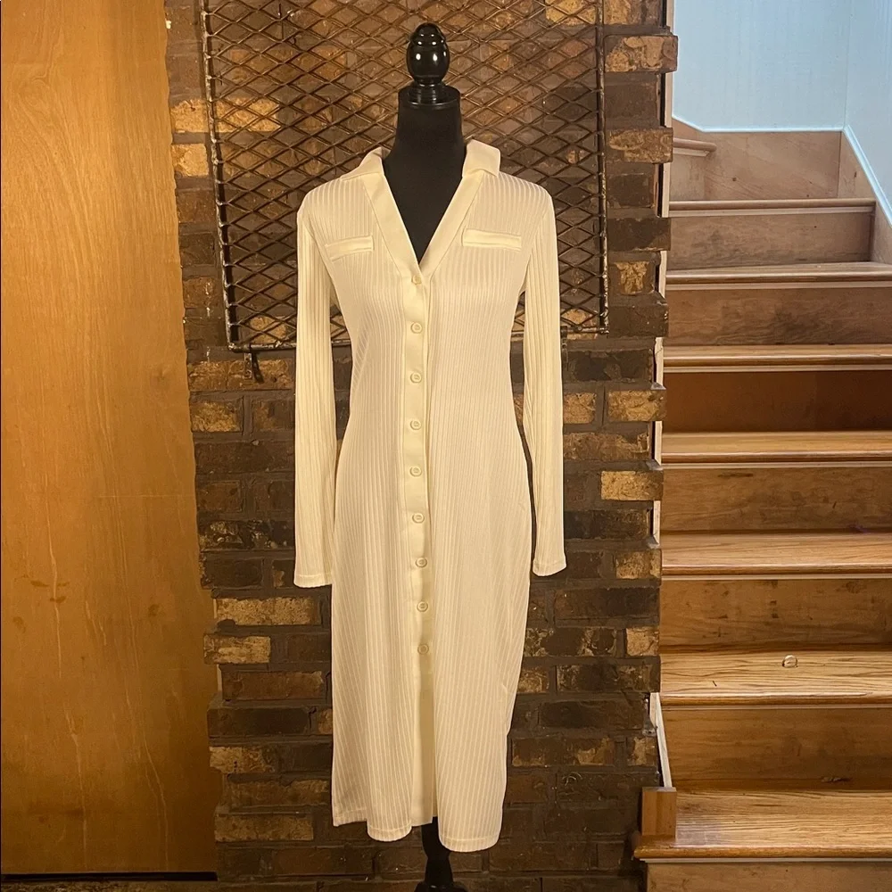 H&M Cream White Long Sleeve Ribbed Button-Up Fitted Dress S - Picture 2 of 5
